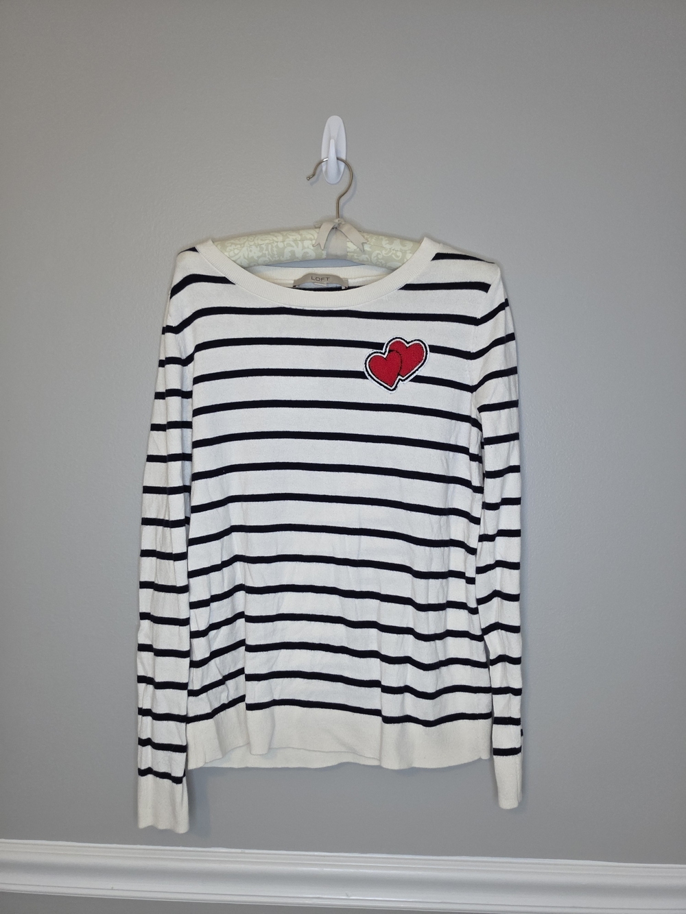 LOFT White and Black Striped Long-Sleeve Top with Red Heart Applique